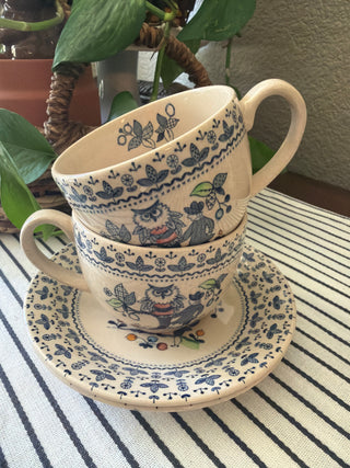 Vtg Sugar & Spice Ironstone Owl Tea Set (4 in set-2cups/2saucers)