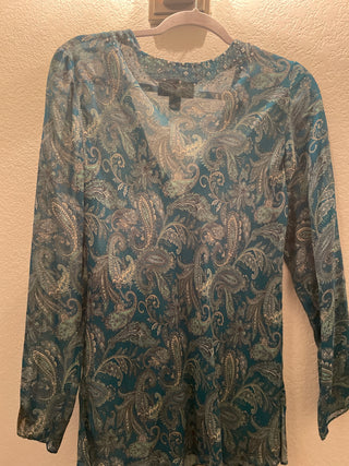 I N C silk top  blue paisley