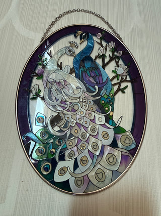 Stained Glass Suncatcher Peacocks Oval 6.5"
