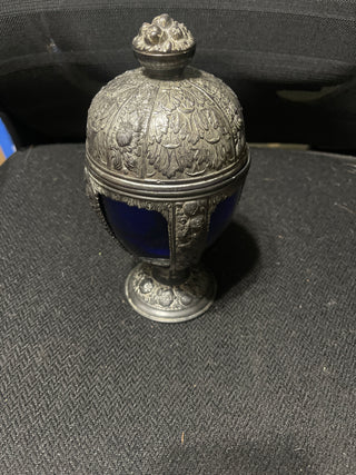 antique cobalt blue candy dish with lid