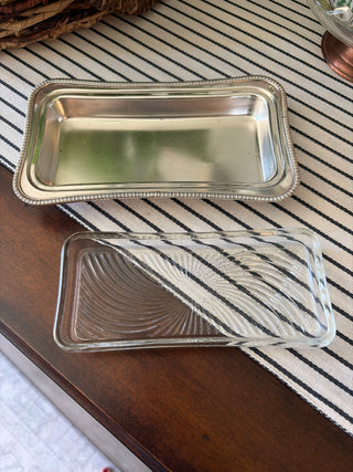 Vintage Crescent Silverplate & Glass Butter Dish