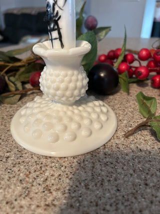 VTG Fenton hobnail milk glass candlestick holder w/ tapered candlestick