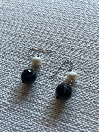 Vintage sterling silver, pearl and black ball earrings
