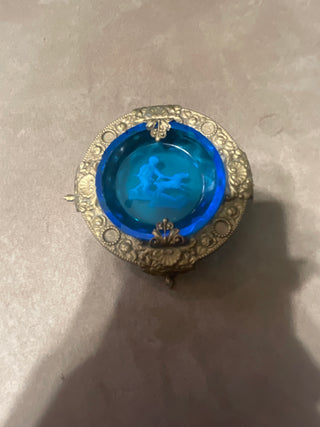 antique salt cellar teal blue glass