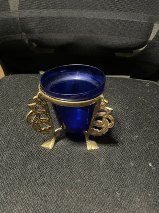 cobalt blue planter, and brass holder