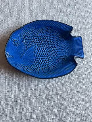 Vintage Fish Pottery Plate Dish Kotobuki Platter Cobalt Blue Japan Art 9.5”