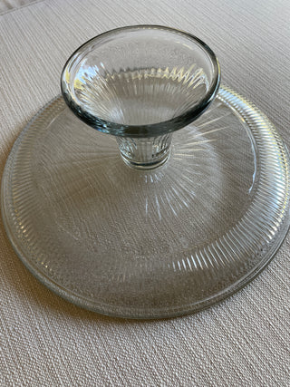 Vintage glass cake plate on pedestal 12”