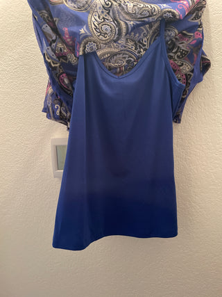 Two piece tank and short sleeve, purple and pink paisley topped