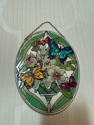 Stained Glass Suncatcher Butterflies Oval 5.25" Green Edge