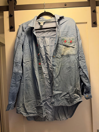 Denim floral button up, medium