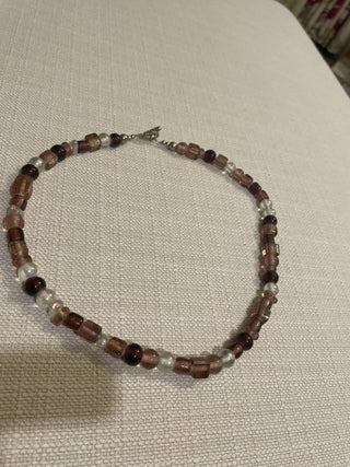 Pink maroon, clear bead necklace