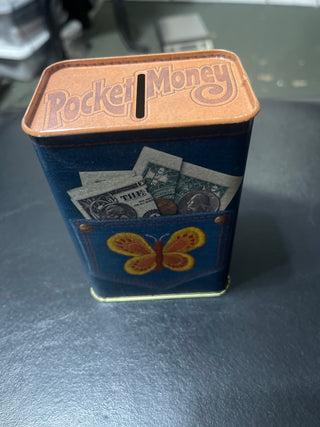 pocket money, tin