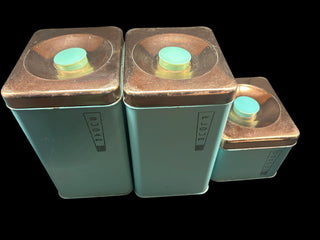 Vintage Lincoln Beautyware Turquoise 3-Piece Canister Set with Copper-Tone Lids