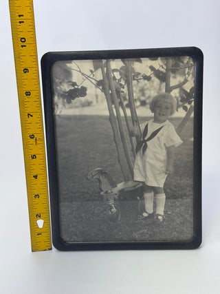 Vintage Framed Photo Child Sailor Suit Horse Tricycle Honolulu Label