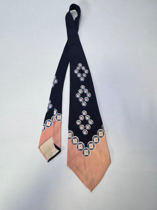 Navy Peach Geometric Medallion Necktie Vintage Style Fair Condition