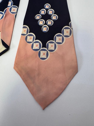 Navy Peach Geometric Medallion Necktie Vintage Style Fair Condition