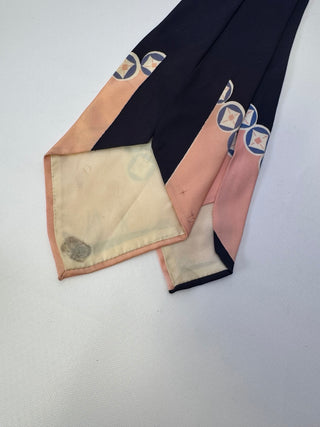 Navy Peach Geometric Medallion Necktie Vintage Style Fair Condition