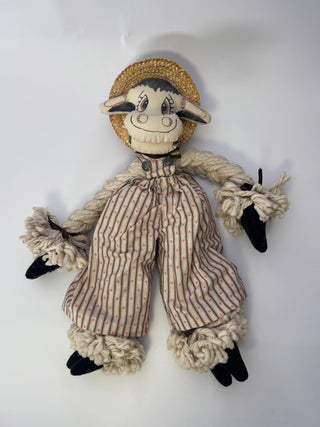 Vintage Handmade Fabric Cow Doll, Boy in Straw Hat & Overalls