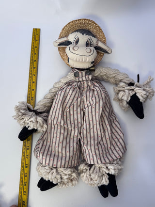 Vintage Handmade Fabric Cow Doll, Boy in Straw Hat & Overalls