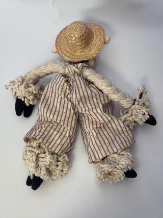 Vintage Handmade Fabric Cow Doll, Boy in Straw Hat & Overalls