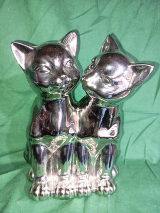 Vintage silver colored ceramic cat statue