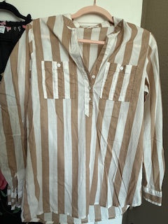 Tan/White striped cotton blouse