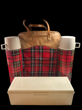 Vintage Thermos Red Plaid Picnic Set with 2 Bottles, Carry Bag & Food Box