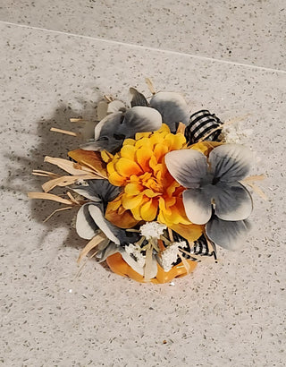 Mini Jack-O-Lantern with Grey & Yellow Flower Decor