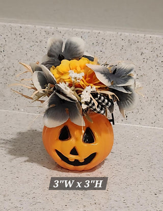 Mini Jack-O-Lantern with Grey & Yellow Flower Decor