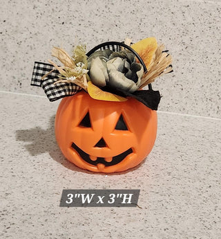 Mini Jack-O-Lantern with Grey Flower Decor