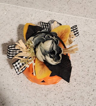 Mini Jack-O-Lantern with Grey Flower Decor