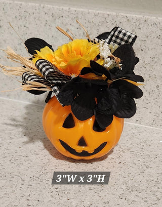 Mini Jack-O-Lantern with Black Flower Decor