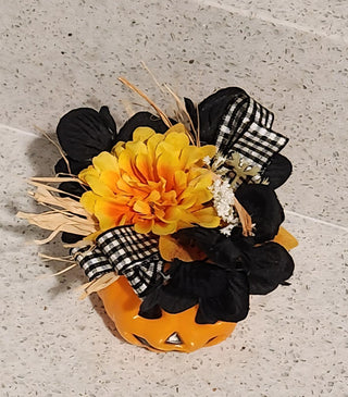 Mini Jack-O-Lantern with Black Flower Decor