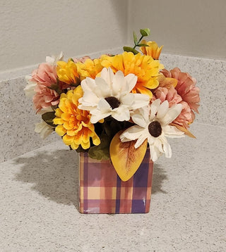 Fall Arrangement in Plaid Square Ceramic Container