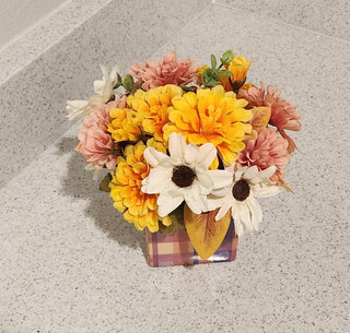 Fall Arrangement in Plaid Square Ceramic Container