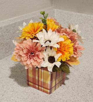 Fall Arrangement in Plaid Square Ceramic Container