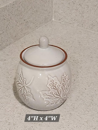 White Ceramic Sugar Jar with Leaves
