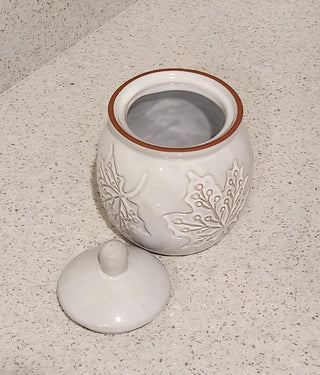 White Ceramic Sugar Jar with Leaves