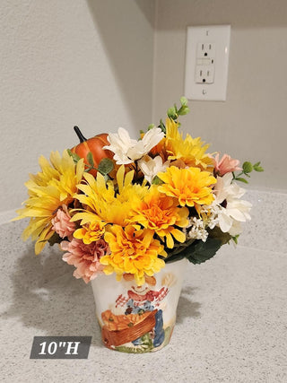 Fall Floral Arrangement in Ceramic Scarecrow Planter