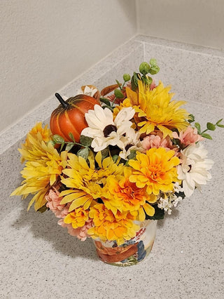 Fall Floral Arrangement in Ceramic Scarecrow Planter