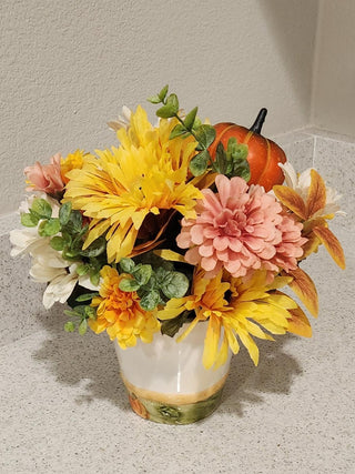 Fall Floral Arrangement in Ceramic Scarecrow Planter