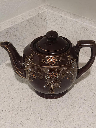 Vintage Brown Floral Japanese Teapot (Barrel Shaped)