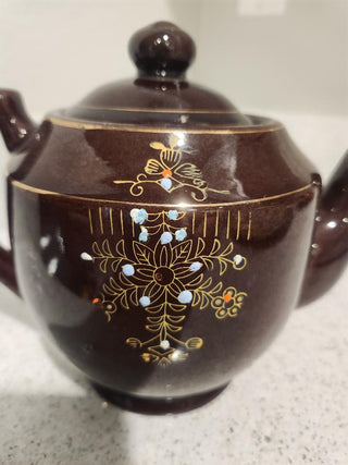 Vintage Brown Floral Japanese Teapot (Barrel Shaped)