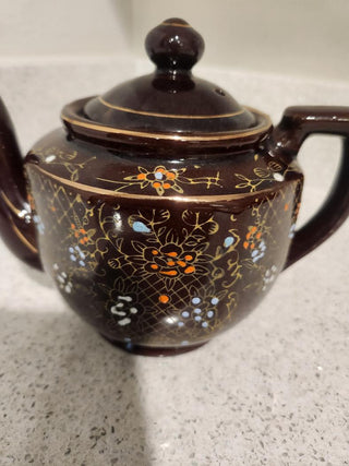 Vintage Brown Floral Japanese Teapot (Hexagon Shape)
