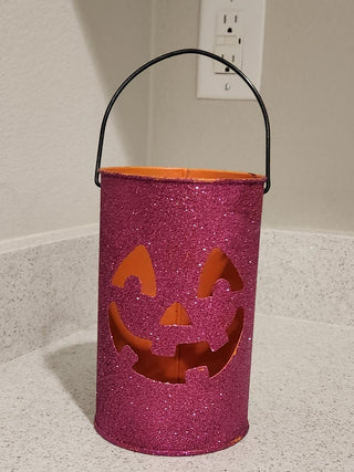 Halloween Orange Metal Jack-O-Lantern Candle Lantern with Pink Glitter