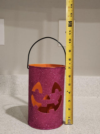 Halloween Orange Metal Jack-O-Lantern Candle Lantern with Pink Glitter