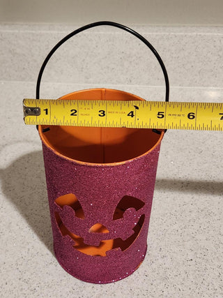 Halloween Orange Metal Jack-O-Lantern Candle Lantern with Pink Glitter