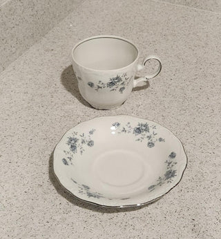 2PC Teacup and Saucer - White W/Blue Floral