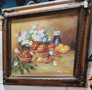 Vintage Original Fall Floral Painting & Ornate Frame