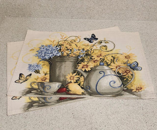 Set of 2 Cream Placemats with Teapot & Florals